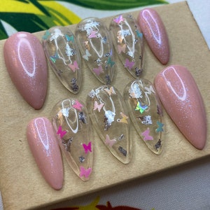 Pink glitter and clear silver foil and multi colored butterflies - full set of 10 handmade customized press on nails - FAST SHIPPING!