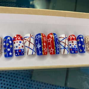 Memorial Day / 4TH of July Nails - Red, White and Blue with sequins and gold glitter - Fun customized handmade press on holiday nails -