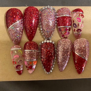 Valentines Day pink glitter and red glitter - sequins and rhinestones - full set of 10 handmade customized press on nails - FAST SHIPPING!