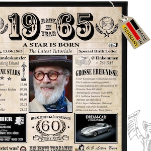 Gepersonaliseerd 60e verjaardagscadeau voor mannen of vrouwen uit 1965 - geweldig cadeau-idee, krant, kaart, jubileum, 6 velden met foto!