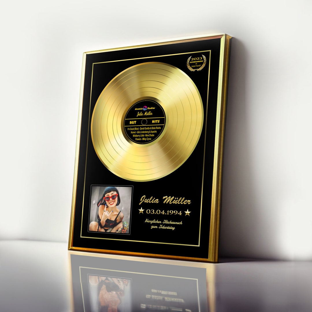 Goldene Schallplatte personalisierbar mit Bild und Wunschtext, Auszeichnung und Geschenkidee für