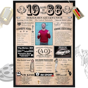 40th Birthday 1986 - 6 fields customizable with a photo! 40th birthday gift for men and women, great gift idea, card, anniversary image 1