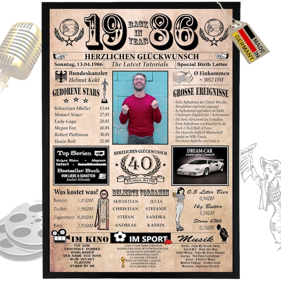 40 Geburtstag 1986 - 6 Felder personalisierbar mit Bild! Geschenk zum 40. Geburtstag für Mann und Frau, tolle Geschenkidee, Karte, Jubiläum