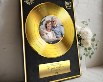 Gouden trouwplaat aanpasbaar met foto en gewenste tekst, beloning/cadeau-idee voor mannen, vrouwen, cadeau