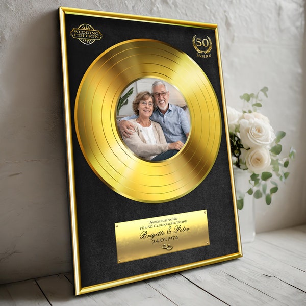 Goldene Hochzeit Schallplatte personalisierbar mit Bild und Wunschtext, Auszeichnung / Geschenkidee für den Mann, Frau, Geschenk