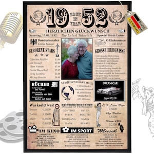 1952 - 6 Felder personalisierbar mit Bild! Geschenk zum Geburtstag für Bruder, Schwester, tolle Geschenkidee, Karte, Jubiläum
