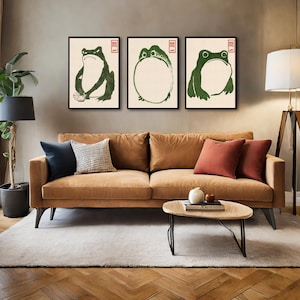 Japanese Matsumoto Hoji Frog Set of 3, Vintage Frog Woodblock Print Poster, Framed, Ukiyo-e Frog Print, Wall Art