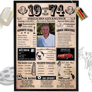 1974 - 6 Felder personalisierbar mit Bild! Geschenk zum Geburtstag für Bruder, Schwester, tolle Geschenkidee, Karte, Jubiläum