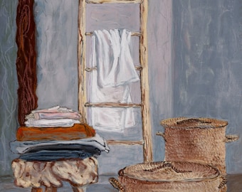 Paniers à linge, maison de campagne, illustration, pastel sur papier Pastelmat, pièce unique, dessin au pastel, art mural, gris, marron