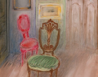 Chambre, maison de campagne, illustration, pastel sur papier Pastelmat, pièce unique, dessin au pastel, art mural, marron, vert, rouge