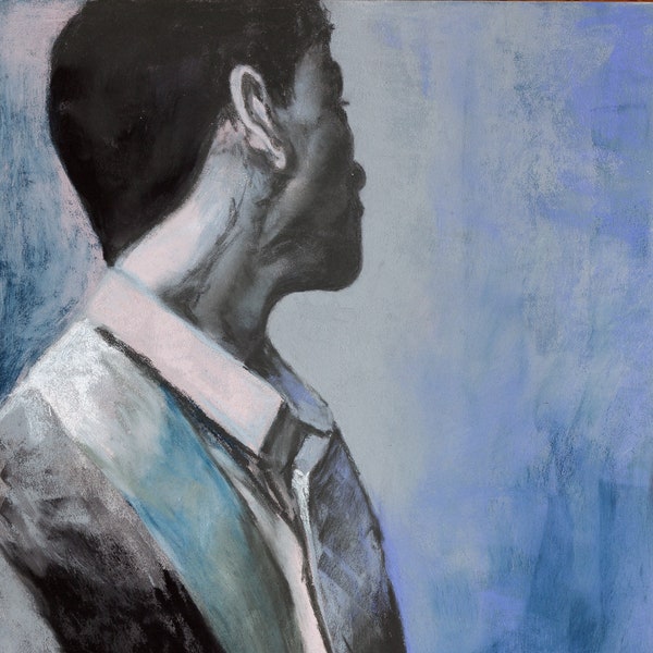 Portrait d'un jeune homme, pastel sur papier Pastelmat, pièce unique, dessin au pastel, art mural, bleu, noir, gris