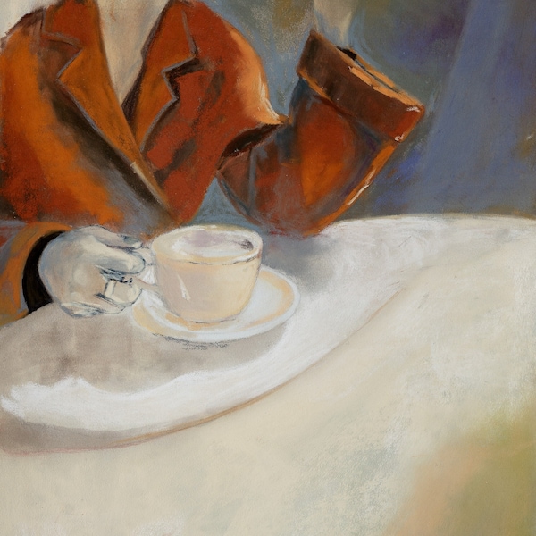 Portrait d'une femme au café, pastel sur papier Pastelmat, pièce unique, dessin au pastel, art mural, orange, jaune, écru, bleu