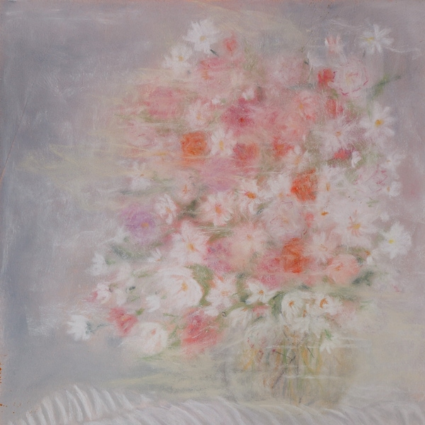 Bouquet de fleurs, plantes - pastel sur papier Pastelmat, pièce unique, dessin au pastel, art mural végétal, blanc, beige, rose, gris