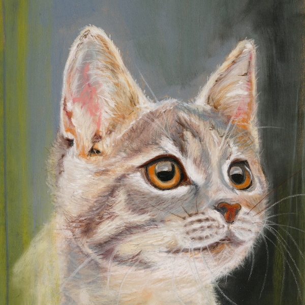 Chat gris, pastel sur papier Pastelmat, pièce unique, dessin au pastel, art mural animalier, portrait animal, gris, vert, blanc, beige