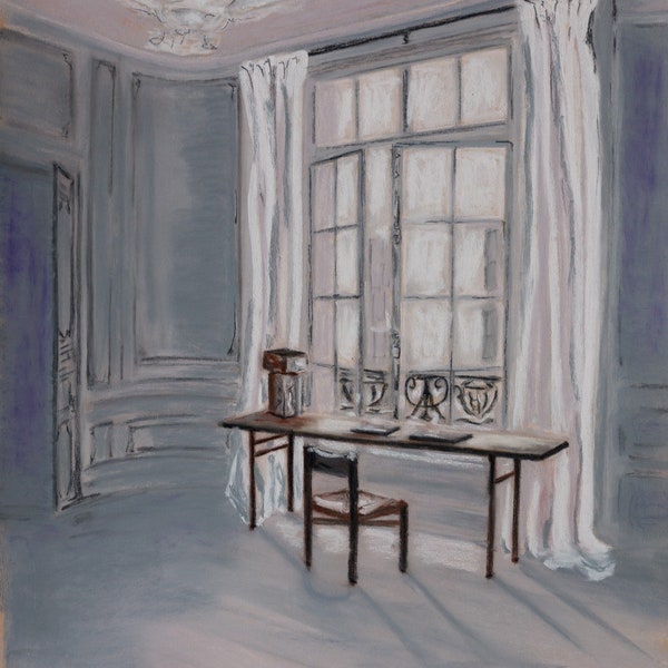 Bureau Haussmannien,  illustration, pastel sur papier Pastelmat, pièce unique, dessin au pastel, art mural, gris, blanc, marron, beige