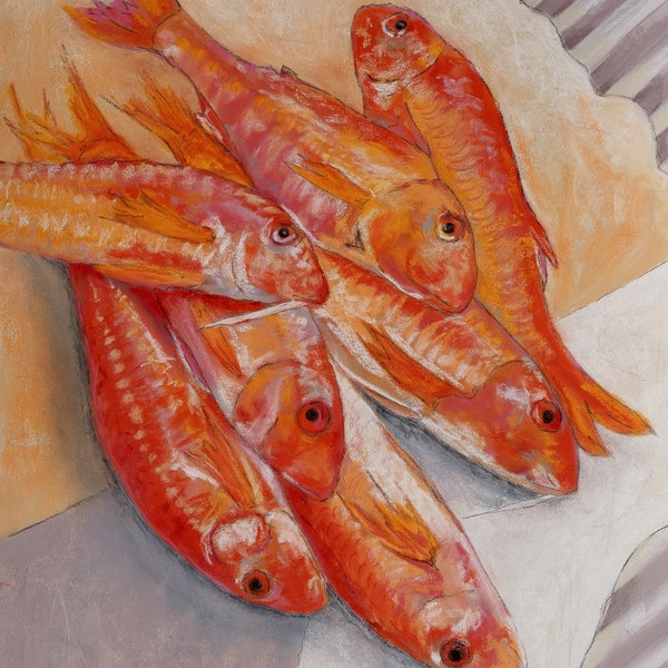 Poissons rougets, pastel sur papier pastelmat, art mural, pièce unique, dessin au pastel, art mural animalier, portrait animal, orange, rose