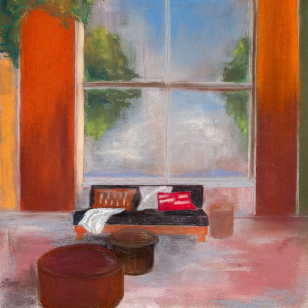 Terrasse en été, maison de campagne, illustration, pastel sur papier Pastelmat, pièce unique, dessin au pastel, art mural, ocre, rouge, bleu