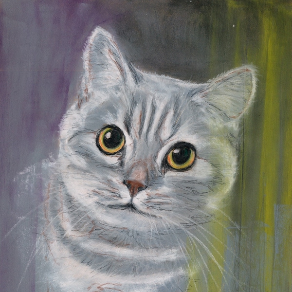 Chat gris, pastel sur papier Pastelmat, pièce unique, dessin au pastel, art mural animalier, portrait animal, vert, violet, noir