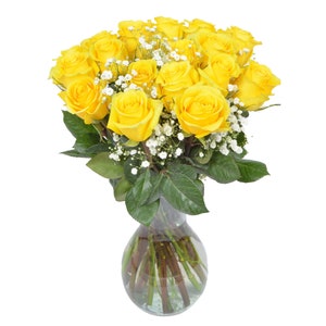 18 Yellow Roses with Baby's Breath by Arabella Bouquets with a Free Hand-Blown Glass Vase (Fresh Cut Flowers)
