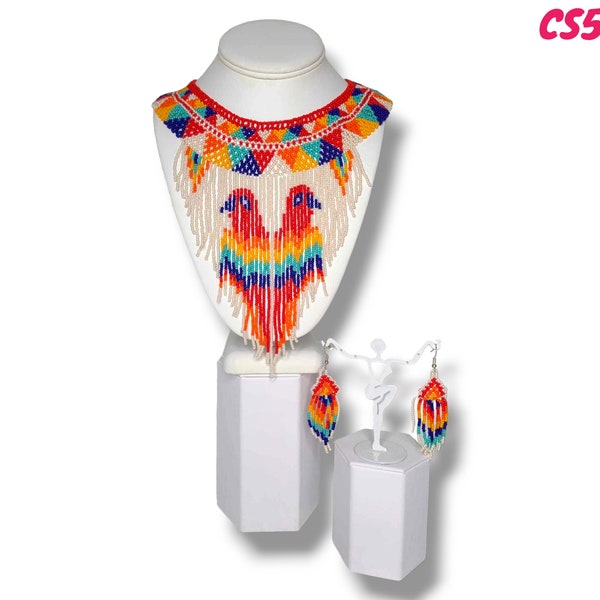 Huichol art bird bead set, Long jewelry set, Mexican native set.