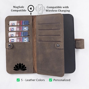 Custodia portafoglio in pelle personalizzata per iPhone, cover magnetica staccabile, porta carte bi-fold fatto a mano, compatibile con MagSafe e ricarica wireless