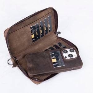 Mocha Personalized Leather iPhone Wallet Case, Pouch Wallet Case for iPhone 16, 15, 14, 13, 12, 11, X, XR, XS, 6, 7, 8, Handmade iPhone Case