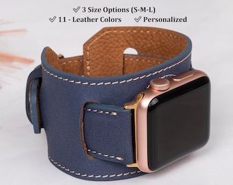 Blue Leather Cuff Apple Watch Band 38, 40, 41, 42, 44, 45, 49 mm, Watch Strap, Galaxy, Fitbit, Google Pixel, Fossil Custom Watch Bands