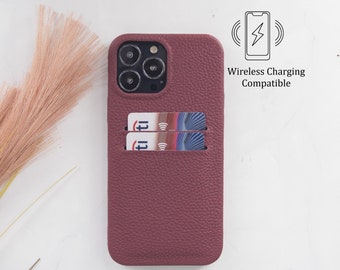 Burgundy Leather iPhone Card Holder Case, Lightweight Aesthetic Phone Case, Custom Apple iPhone 14, 13, 12, 11, X, XR, XS, 8, 7, 6 Plus
