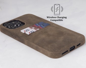 Mocha Leather iPhone Card Holder Case, Custom Apple iPhone 14, 13, 12, 11, X, XR, XS, 8, 7, 6 Plus, Lightweight Leather Aesthetic Phone Case