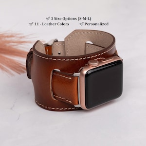 Personalized Men’s Leather Cuff Watch Band – Handmade Strap for Apple Watch 38 40 41 42 44 45 46 49mm, Samsung, Fitbit, Pixel Watch Bands