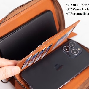 Estuche de piel rojiza, funda tipo cartera para teléfono, estuche con cremallera, monedero para celular, estuche para celular, estuche de viaje, bolso bandolera para teléfono, estuche para iPhone