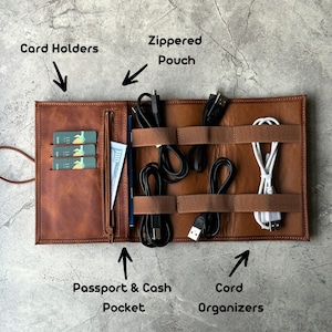 Custom Leather Cable Organizer, Travel Cable Holder, Holiday Gift, Wedding Gift, Tech Organizer, Charger Holder, Cable Bag, Travel Organizer