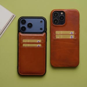 Personalized Top-Grain Leather iPhone Case with Card Holder, Slim Custom Engraved Phone Cover