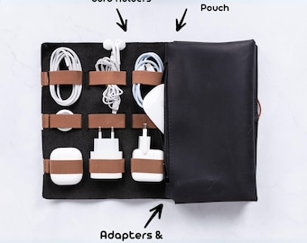 Custom Leather Cable Organizer, Travel Cable Holder, Groomsmen Gift, Wedding Gift, Tech Organizer, Charger and Cable Bag, Travel Organizer