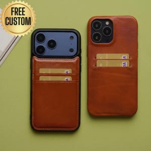 Funda personalizada de piel de grano completo para iPhone con tarjetero, funda delgada para teléfono grabada a medida.