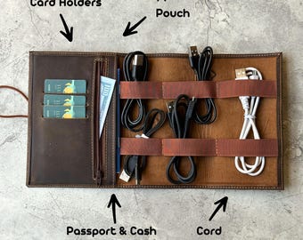 Custom Leather Cable Organizer, Travel Cable Holder, Holiday Gift, Wedding Gift, Tech Organizer, Charger Holder, Cable Bag, Travel Organizer