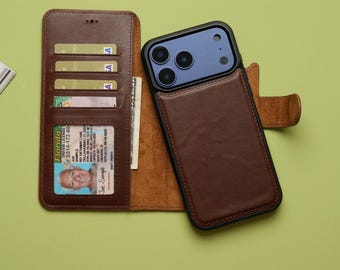 Handmade Leather iPhone Wallet Case – Engraved Detachable Phone Case, MagSafe & Wireless Charging Compatible