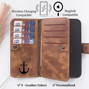 Fundas de cuero grabadas a medida para iPhone, fundas magnéticas desmontables personalizadas para iPhone, fundas compatibles con carga inalámbrica y MagSafe