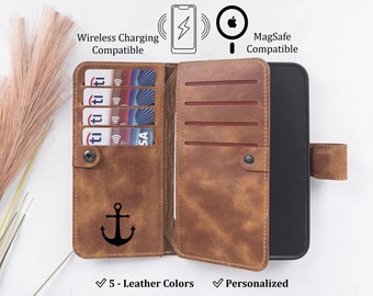 Custom Engraved Leather iPhone Wallet Cases, Personalized Magnetic Detachable iPhone Cover, MagSafe & Wireless Charging Compatible Cases
