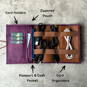 Custom Leather Cable Organizer, Travel Cable Holder, Holiday Gift, Wedding Gift, Tech Organizer, Charger Holder, Cable Bag, Travel Organizer