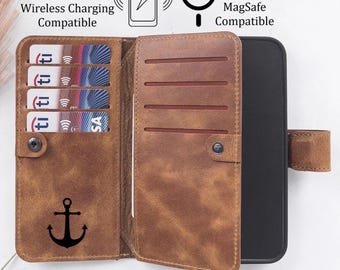 Engraved Leather iPhone Double Wallet Case, Magnetic Detachable iPhone Cover, MagSafe & Wireless Charging Compatible