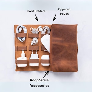 Custom Leather Cable Organizer, Travel Cable Holder, Groomsmen Gift, Wedding Gift, Tech Organizer, Charger and Cable Bag, Travel Organizer