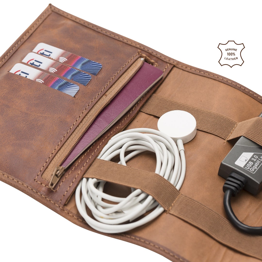 Custom Leather Cable Organizer, Travel Cable Holder, Holiday Gift