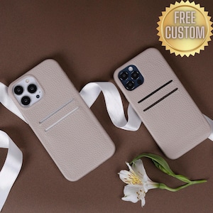 Funda personalizada de piel de grano completo para iPhone con tarjetero, funda delgada para teléfono grabada a medida.