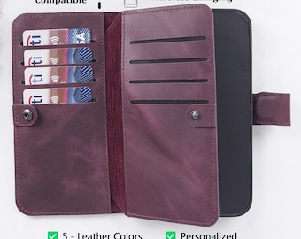 Genuine Leather iPhone Double Wallet Case, Personalized Detachable Magnetic Case, MagSafe Compatible