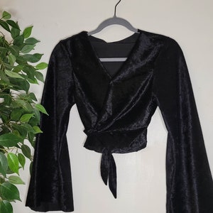 Handmade Boho Witch Style Crushed Velvet Bell Sleeve Wrap Crop Top | Christmas Holiday Outfit Plus Size Available