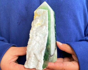 5.7''+ Natural Green Fluorite Obelisk, Quartz Wand Point, Crystal Tower, Mineral Specimen, Reiki Healing, Energy Crystals, Crystal Gifts.