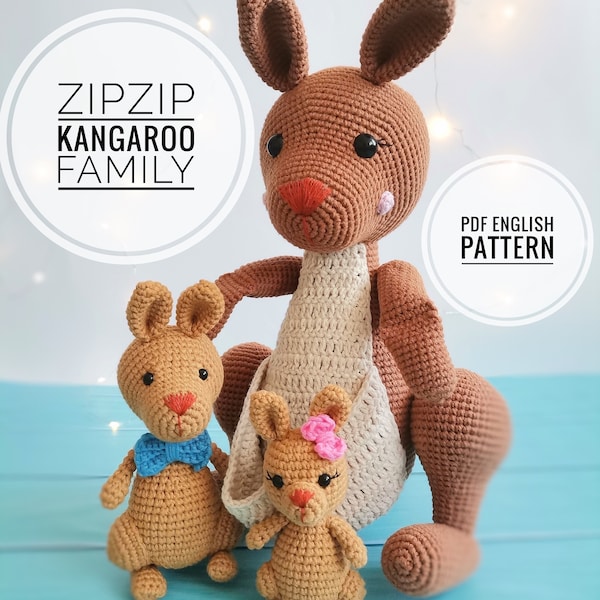 ZIPZIP Kangaroo Family Crochet Pattern PDF – Amigurumi Kangaroo Pattern - Mommy, Brother, Baby Kangaroo