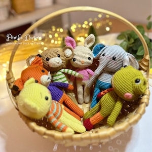 Crochet Toy Animals Pattern: Amigurumi Set - Bunny, Cat, Elephant, Frog, Fox, Monkey (PDF Pattern)