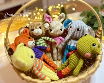 Crochet Toy Animals Pattern: Amigurumi Set - Bunny, Cat, Elephant, Frog, Fox, Monkey (PDF Pattern)